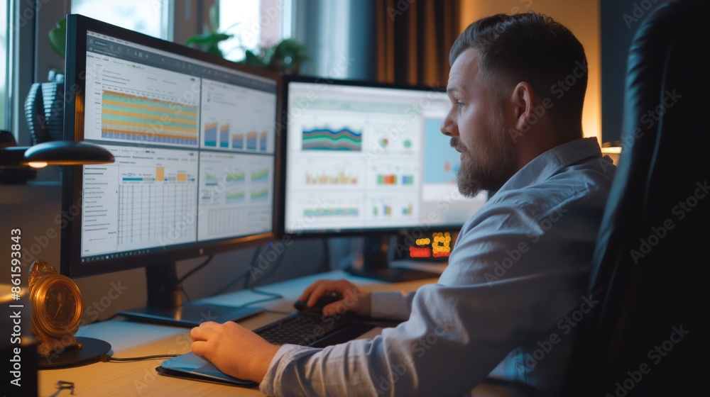 A man works at a desk with multiple monitors displaying charts and analytics in an office setting. A man works at a desk with multiple monitors displaying charts and analytics in an office setting.