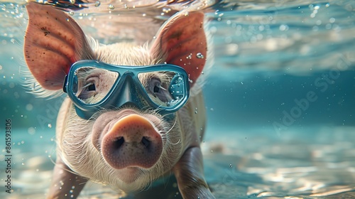 A pig with diving goggles dives in the water. Surreal fun concept of nature, animals and summer, summer swimwear © WrongWay