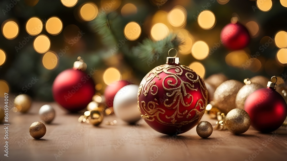 Christmas tree with red gold decorations and balls over soft bokeh lights. Generative AI Christmas tree with red gold decorations and balls over soft bokeh lights. Generative AI
