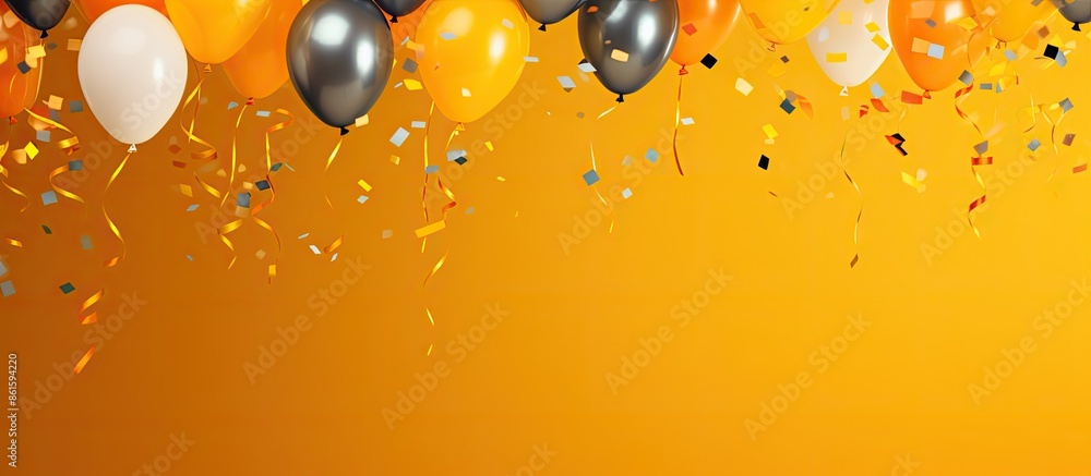 Fototapeta premium Colorful balloons, festive hats, and confetti create a lively scene against an orange backdrop with copy space image.