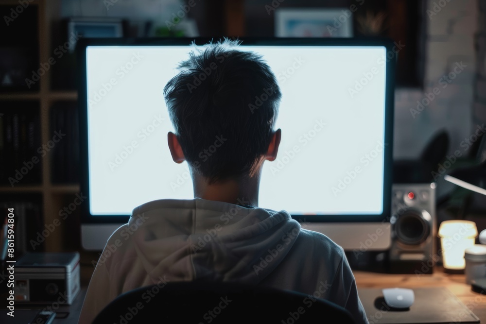 App mockup shoulder view of a teen boy in front of a computer with an entirely white screen App mockup shoulder view of a teen boy in front of a computer with an entirely white screen