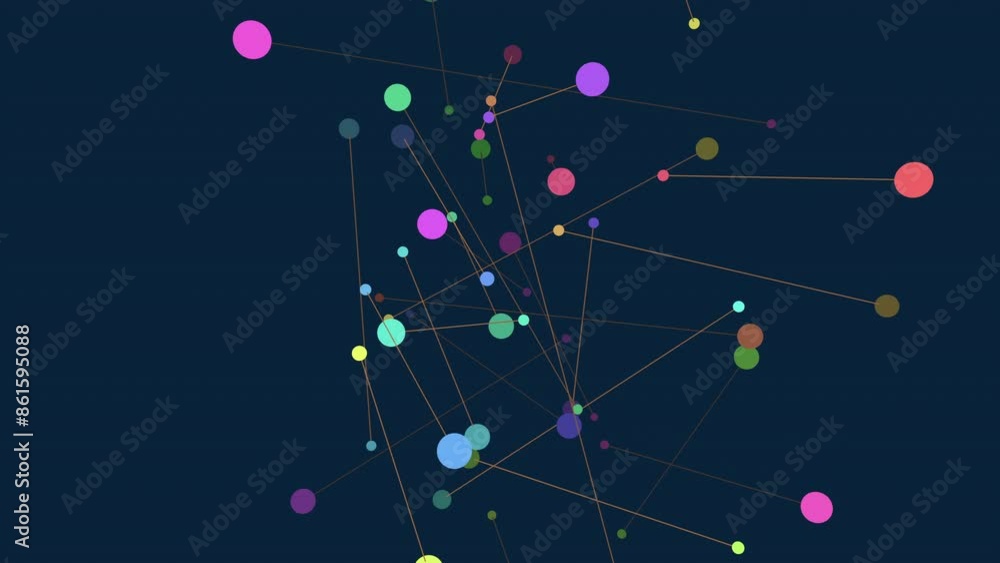 A visual depiction of a network showing interconnected circles as nodes and lines as connections. Color-coded circles represent different types of information or data being transmitted A visual depiction of a network showing interconnected circles as nodes and lines as connections. Color-coded circles represent different types of information or data being transmitted