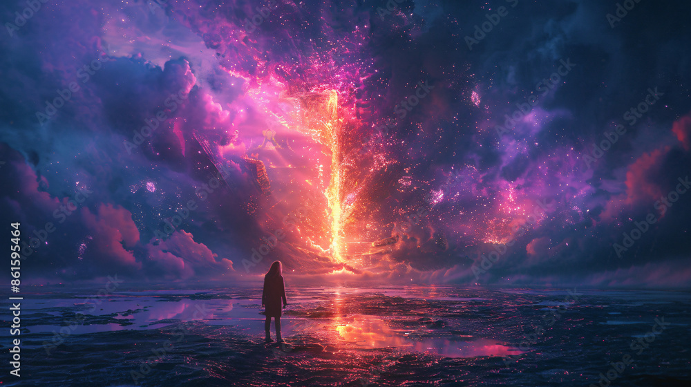 A kid standing in front of the glowing purple A kid standing in front of the glowing purple