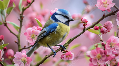 Blue tit bird sitting on a cherry blossom tree photo