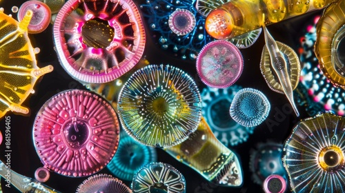 Close-up of colorful diatoms with intricate patterns and vibrant hues under a microscope