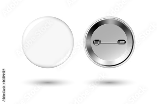 White badge mockup. Round badge button brooch. Realistic white blank glossy round button badge pin with metal back cover. Vector illustration.