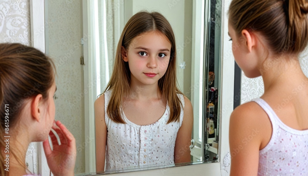 Girl looking in the mirror. Girl having problems with skin looking in the mirror Girl looking in the mirror. Girl having problems with skin looking in the mirror