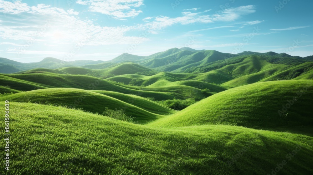 Serene landscape featuring rolling green hills under a clear blue sky Serene landscape featuring rolling green hills under a clear blue sky