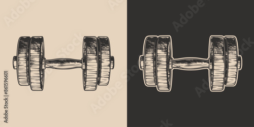 Vintage retro engraving woodcut style sketch draw paint of gym sport weight dumbbell powerlifting exercise equipment