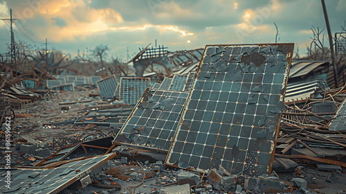 Nature Reclaims: End of Green Power - Broken and old solar panels trash.  photo