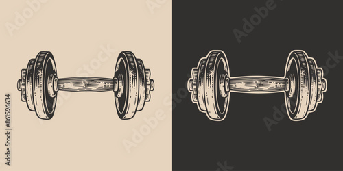 Vintage retro engraving woodcut style sketch draw paint of gym sport weight dumbbell powerlifting exercise equipment