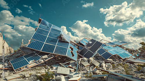 Nature Reclaims: End of Green Power - Broken and old solar panels trash.  photo