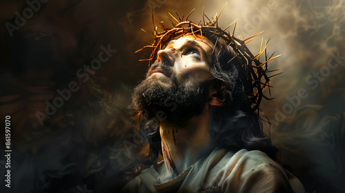 Jesus Christ Looking Up with Crown of Thorns