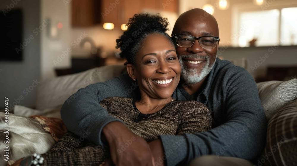 Obraz premium A cheerful mature couple sitting together on a cozy sofa at home