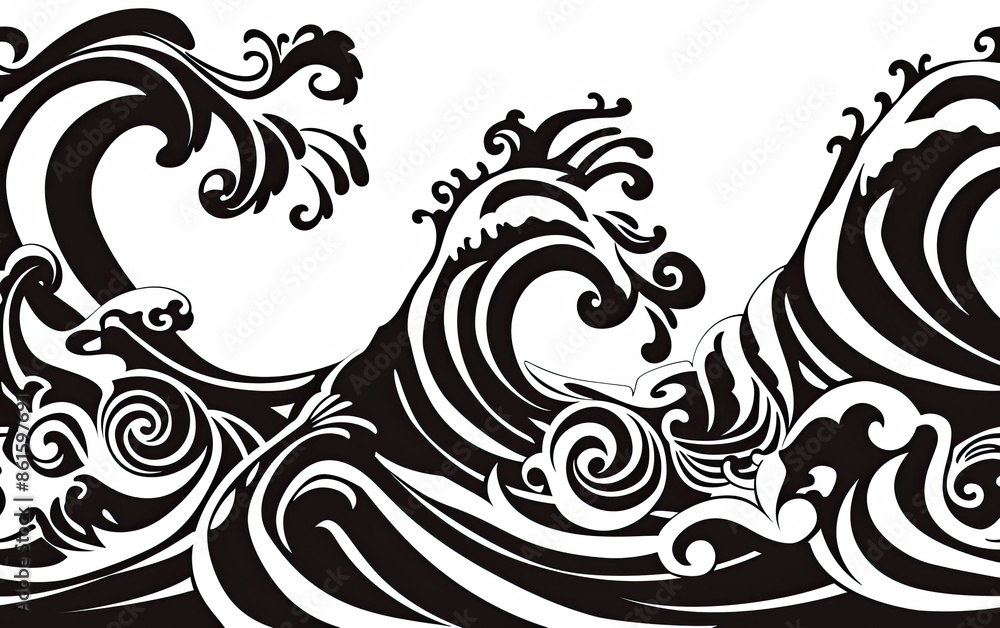 A black and white drawing of a wave with a lot of swirls A black and white drawing of a wave with a lot of swirls