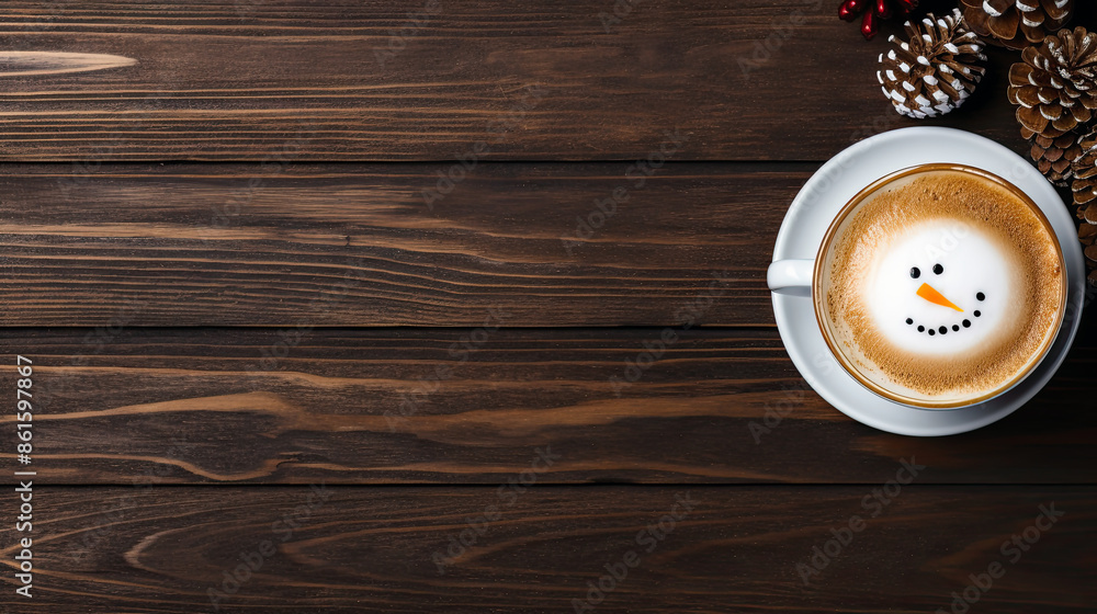 Cup of coffee with latte art, milk foam snowman illustration. Christmas coffee cup. Cozy atmosphere. Holiday background with copy space. Christmas and New Year cappuccino coffee. Cup of coffee with latte art, milk foam snowman illustration. Christmas coffee cup. Cozy atmosphere. Holiday background with copy space. Christmas and New Year cappuccino coffee.