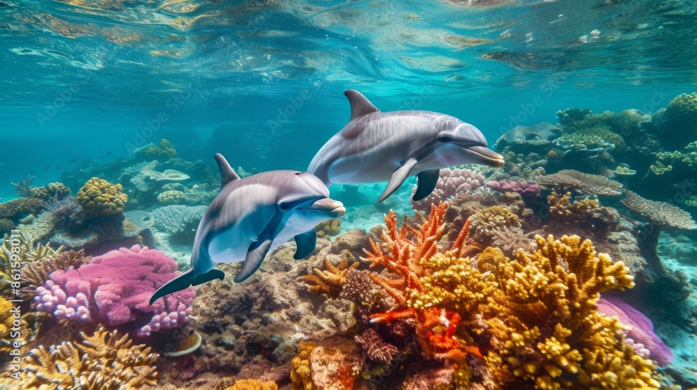 Fototapeta premium Two playful dolphins swimming gracefully around a vibrant coral reef underwater