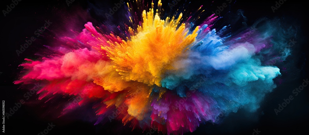 Vibrant rainbow holi paint powder burst in a circle on a dark black background with a wide panorama view, great for a peace-themed party, copy space image. Vibrant rainbow holi paint powder burst in a circle on a dark black background with a wide panorama view, great for a peace-themed party, copy space image.