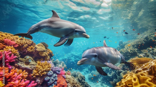 Fototapeta Naklejka Na Ścianę i Meble -  Two playful dolphins swimming gracefully around a vibrant coral reef underwater