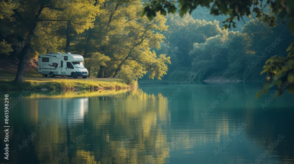 A serene lakeside retreat with an RV parked near a tree-lined lake A serene lakeside retreat with an RV parked near a tree-lined lake