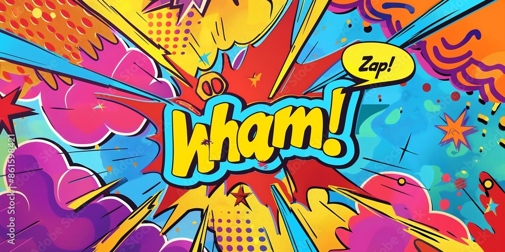 Fototapeta premium Comic Burst Patterns Dynamic pop art background with explosive burst patterns, bright colors, and comic-style text elements like