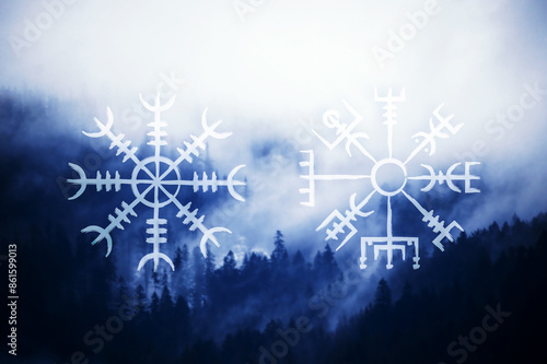 Tableau sur toile Two norse runic symbols called Aegishjalmur which aslo mean Helm of Awe and Vegvisir, also know as Wayfinder