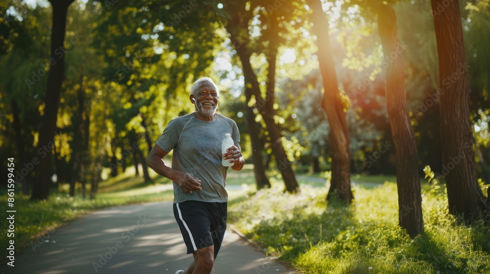 Smiling elderly black man jogging in green park outside in the morning, promoting an active lifestyle and engagement in sports for senior people, AI generated image Smiling elderly black man jogging in green park outside in the morning, promoting an active lifestyle and engagement in sports for senior people, AI generated image