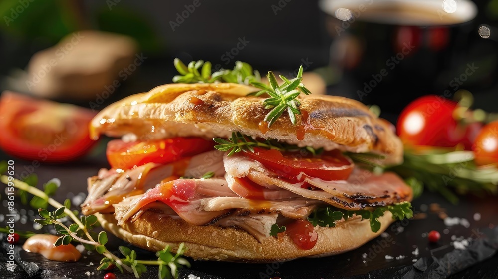 Delicious gourmet sandwich with fresh ingredients including ham, tomato, and herbs, served on a rustic roll, perfect for a tasty meal. Delicious gourmet sandwich with fresh ingredients including ham, tomato, and herbs, served on a rustic roll, perfect for a tasty meal.