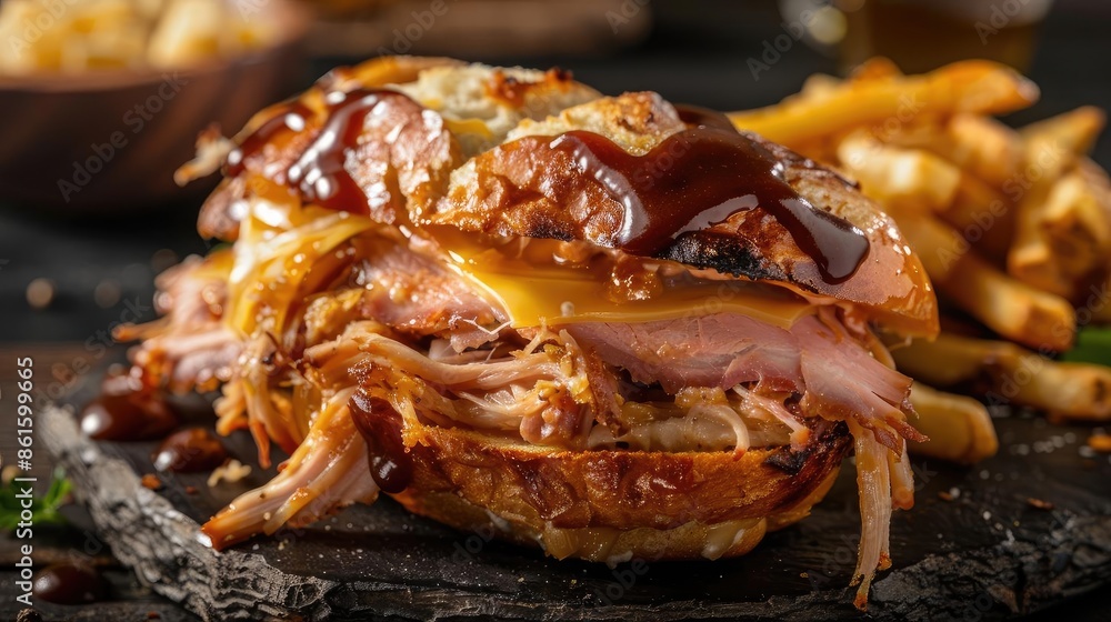 Delicious pulled pork sandwich topped with melted cheese and BBQ sauce, served with crispy fries on a rustic wooden table. Delicious pulled pork sandwich topped with melted cheese and BBQ sauce, served with crispy fries on a rustic wooden table.