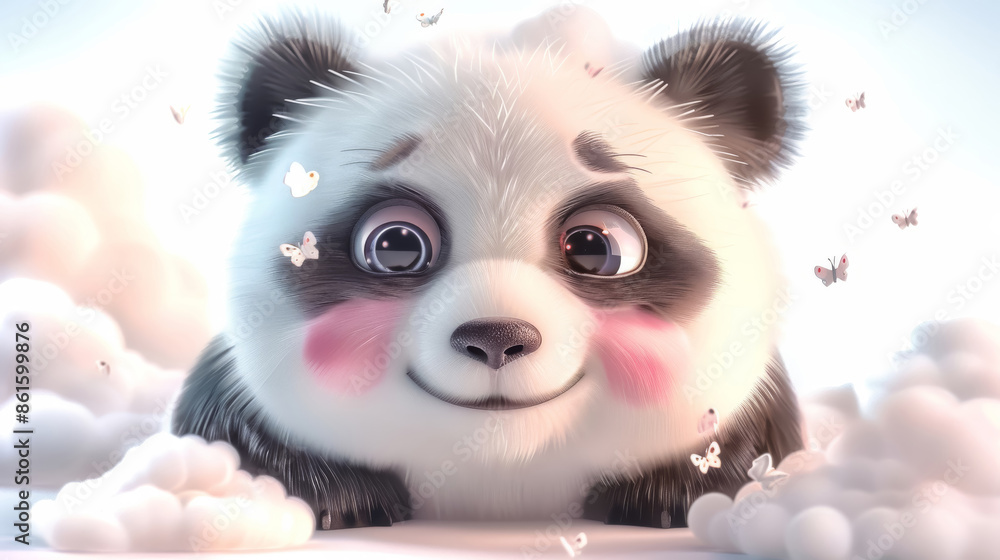 Cute cartoon panda with blushing cheeks and big eyes, sitting in fluffy clouds surrounded by butterflies, evoking a sense of joy and whimsy. Cute cartoon panda with blushing cheeks and big eyes, sitting in fluffy clouds surrounded by butterflies, evoking a sense of joy and whimsy.