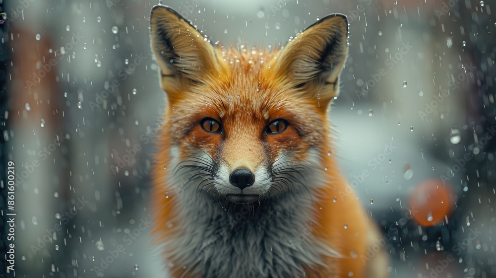 Fototapeta premium A close-up portrait of a fox in falling snow, set against a background of soft-focus bokeh lights, emphasizing its alert expression and wintry ambiance.