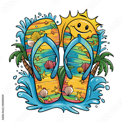 A beautiful  pair of flip-flops with smiling suns and a vibrant beach scene design is surrounded by splashing waves and marine life elements photo