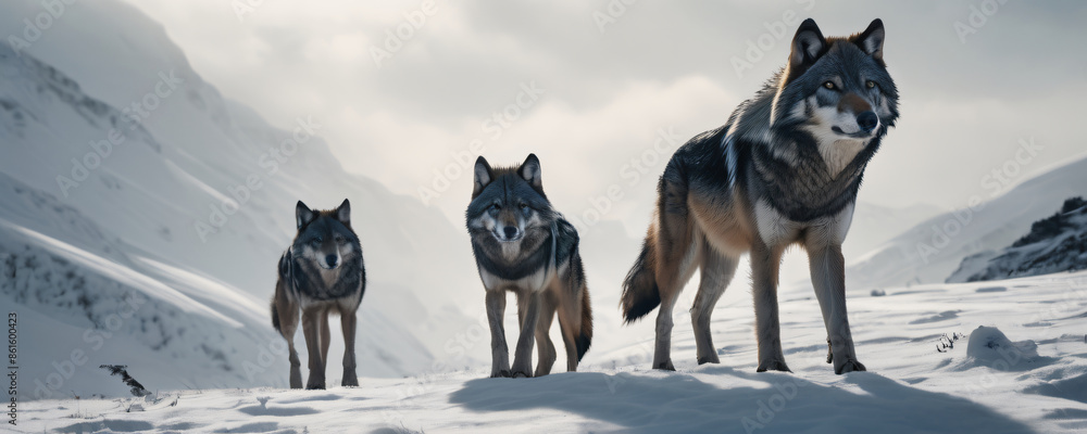 Naklejka premium wolf on snowy landscape. Extremely detailed and realistic high resolution illustration