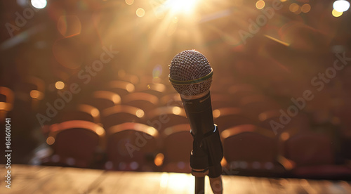 A single microphone on a stand is highlighted by a spotlight against a blurred background of an auditorium filled with an expectant audience, suggesting a live performance or event. photo