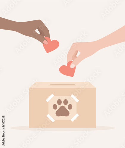 Hands of different skin tones putting hearts in an animal charity box with a paw print sticker on it. Flat vector illustration