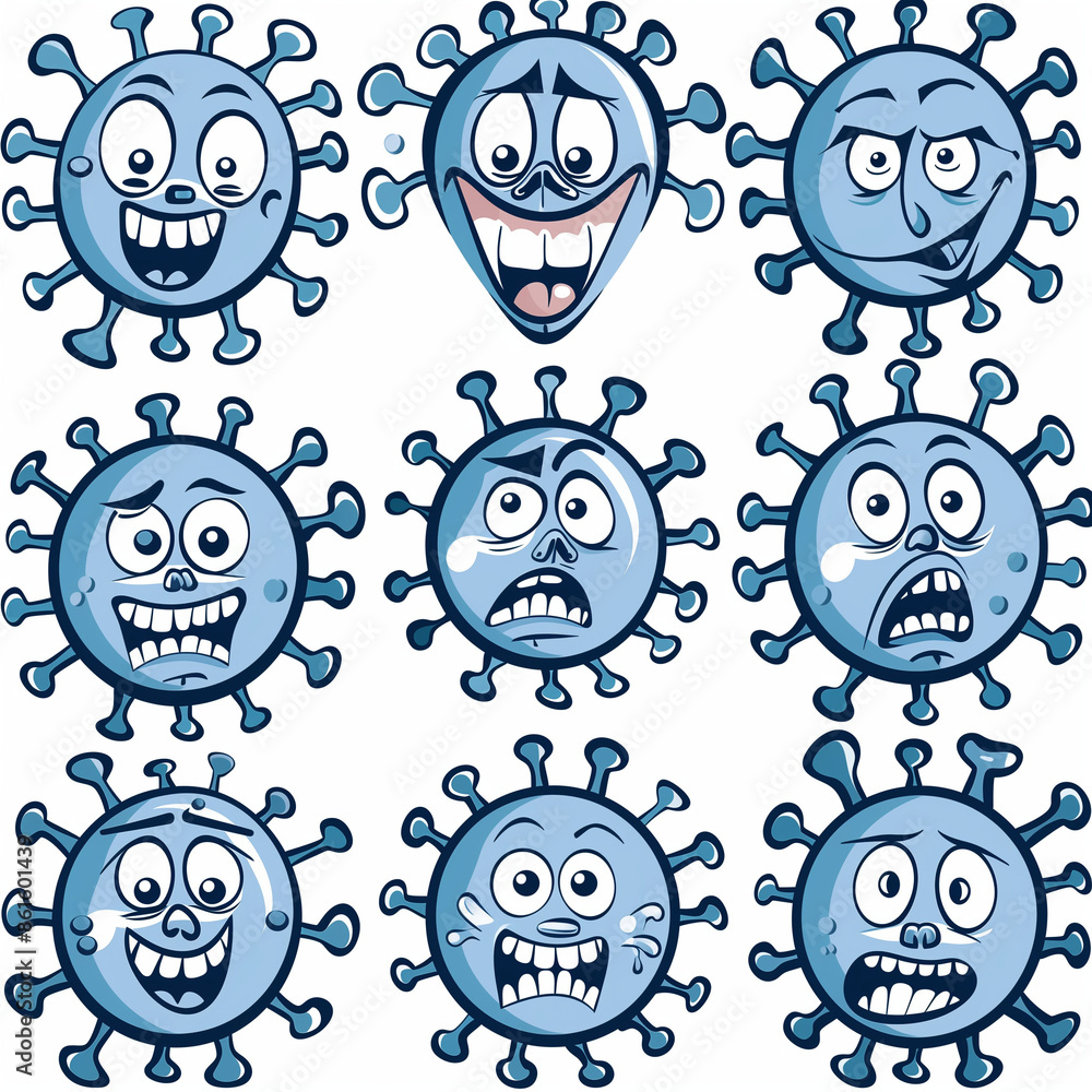 Fototapeta premium Vector illustration of the COVID-19 virus with various facial expressions, highlighting the impact and emotions during the pandemic