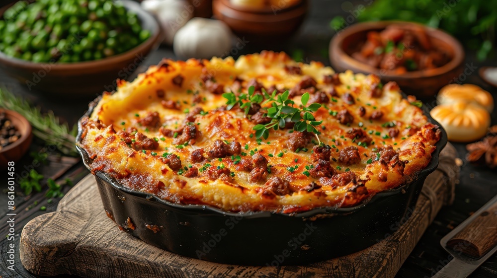 An inviting shepherd's pie displaying a golden-brown crust, topped with fresh herbs, perfect for a warm meal. This comfort food delicacy appears appetizing and soulful. An inviting shepherd's pie displaying a golden-brown crust, topped with fresh herbs, perfect for a warm meal. This comfort food delicacy appears appetizing and soulful.