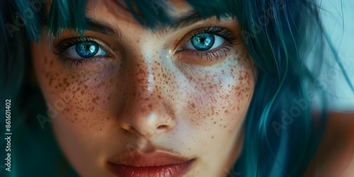 Intimate portrait of a woman showcasing freckles and blue hair. Concept Portrait Photography, Freckles, Blue Hair, Intimate Pose, Creative Beauty