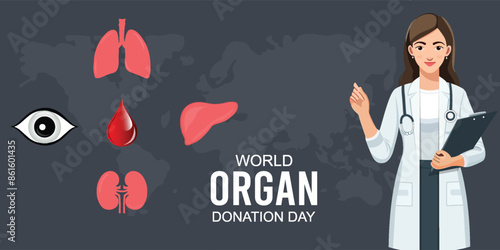 World Organ Donation Day, Awareness Poster Featuring Medical Professionals, Organ Donation Day, and Symbolic Icons. World Organ Donation Day Poster, Promote the Importance of. Organ Donation, 