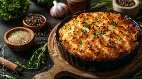 A perfectly baked shepherd's pie with a golden-brown crust, garnished with fresh herbs on a rustic wooden background, giving a warm and homely appeal to the dish. photo