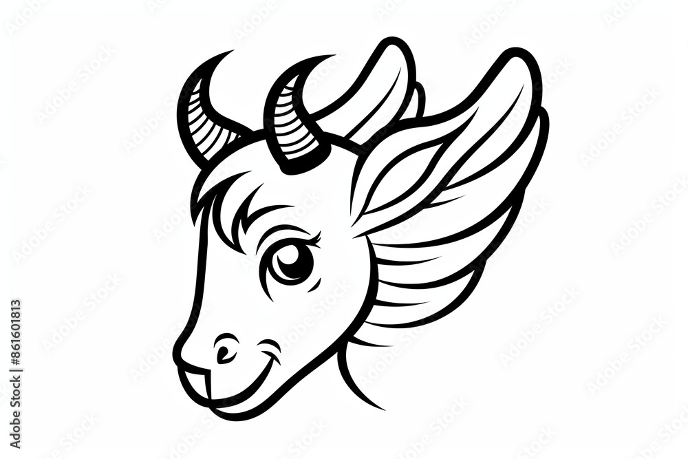 A cartoon cow with horns and wings on its head A cartoon cow with horns and wings on its head