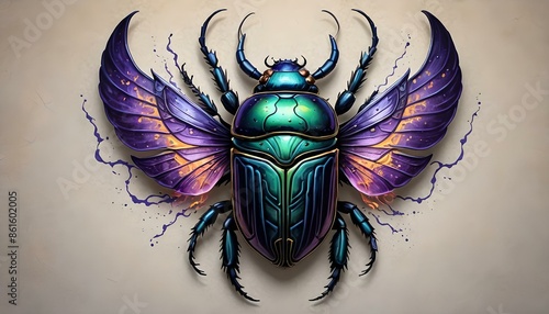 Iridescent green and purple scarab beetle with a flame pattern on its spread wings photo