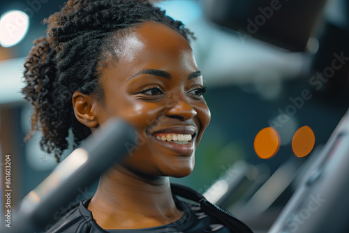 Happy African American athlete jogging on treadmill during her sports training in a gym © Fabio