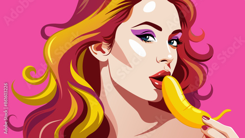 portrait of a beautiful and fresh adorable and seductive woman, holding in her hands a banana licking red lips 