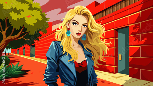 Fashion outdoor blonde girl posing in sexy style outdoors near the red wall. 
