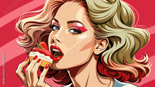 portrait of an adorable luxurious and seductive sweet woman, biting herself licking herself while enjoying red lips as a dessert.