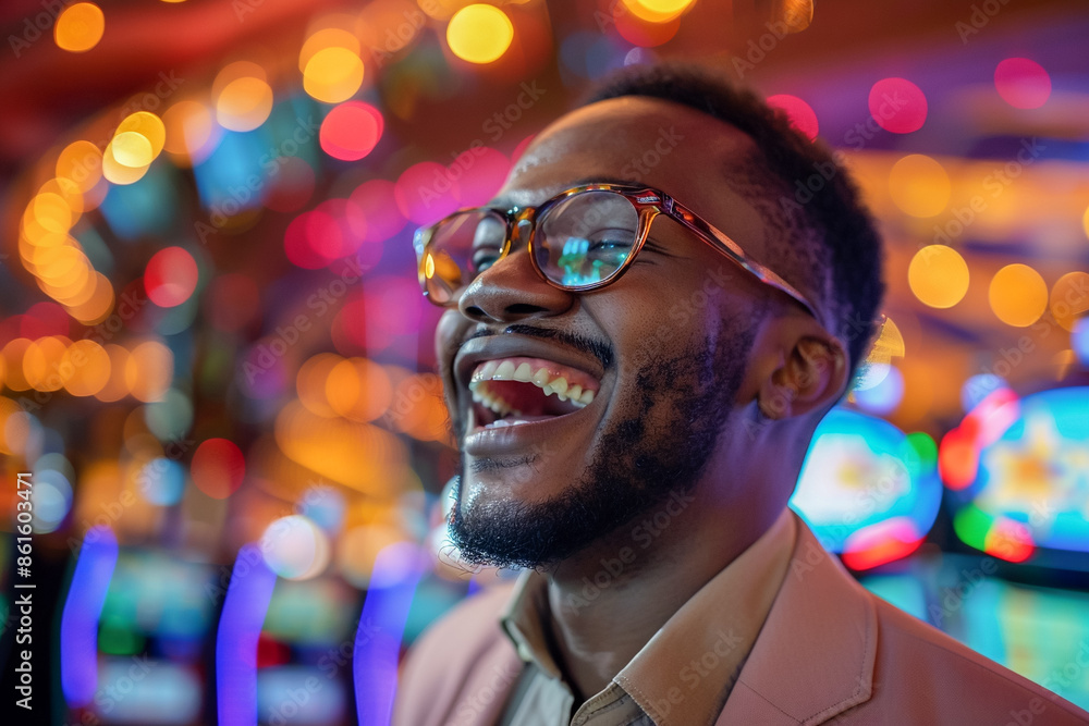 Casino player, African American man at slot machines, risk and chance for winning. Casino player, African American man at slot machines, risk and chance for winning.