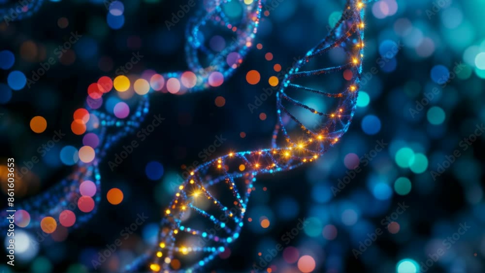 Futuristic DNA Strand: Rotating Double Helix with Glowing Particles Represents Bioengineering and the Future of Technology.