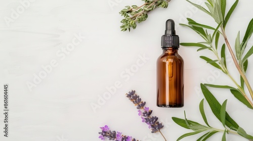 Nasal spray with herbs, closeup shot, natural remedy, white background
