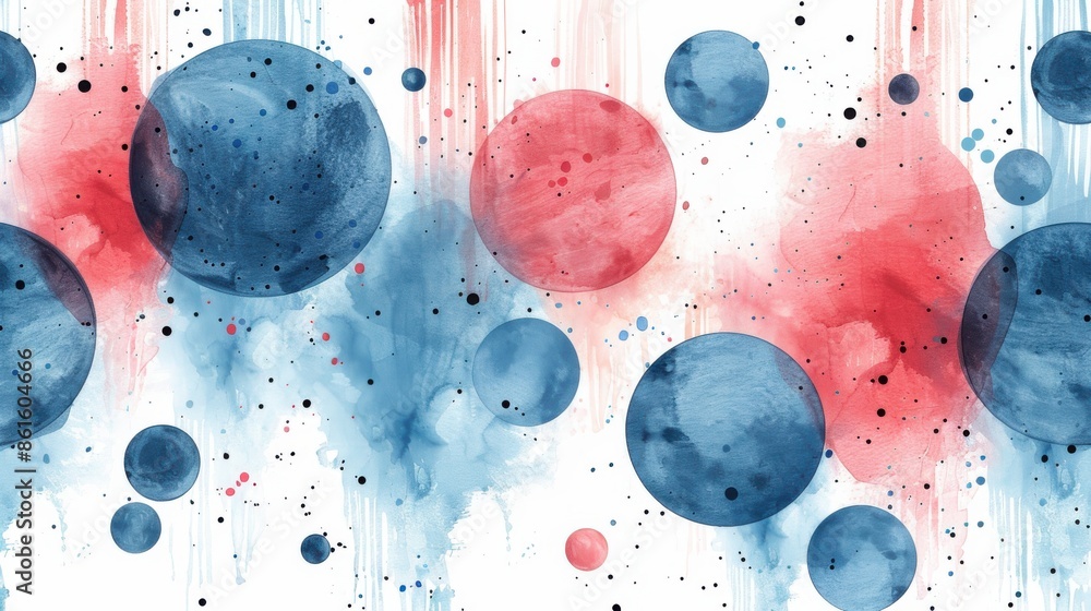 Abstract watercolor painting featuring blue and red circles in various ...